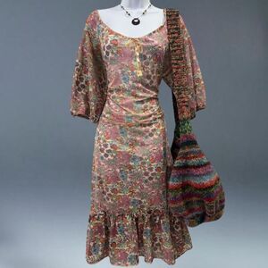 vintage 70s handmade floral prairie sheer midi dress cottagecore boho retro L